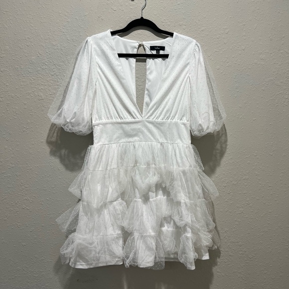 Lulus Dramatic Poise White Dot Tulle Puff Sleeve Tiered Mini Dress Large L - Picture 3 of 9